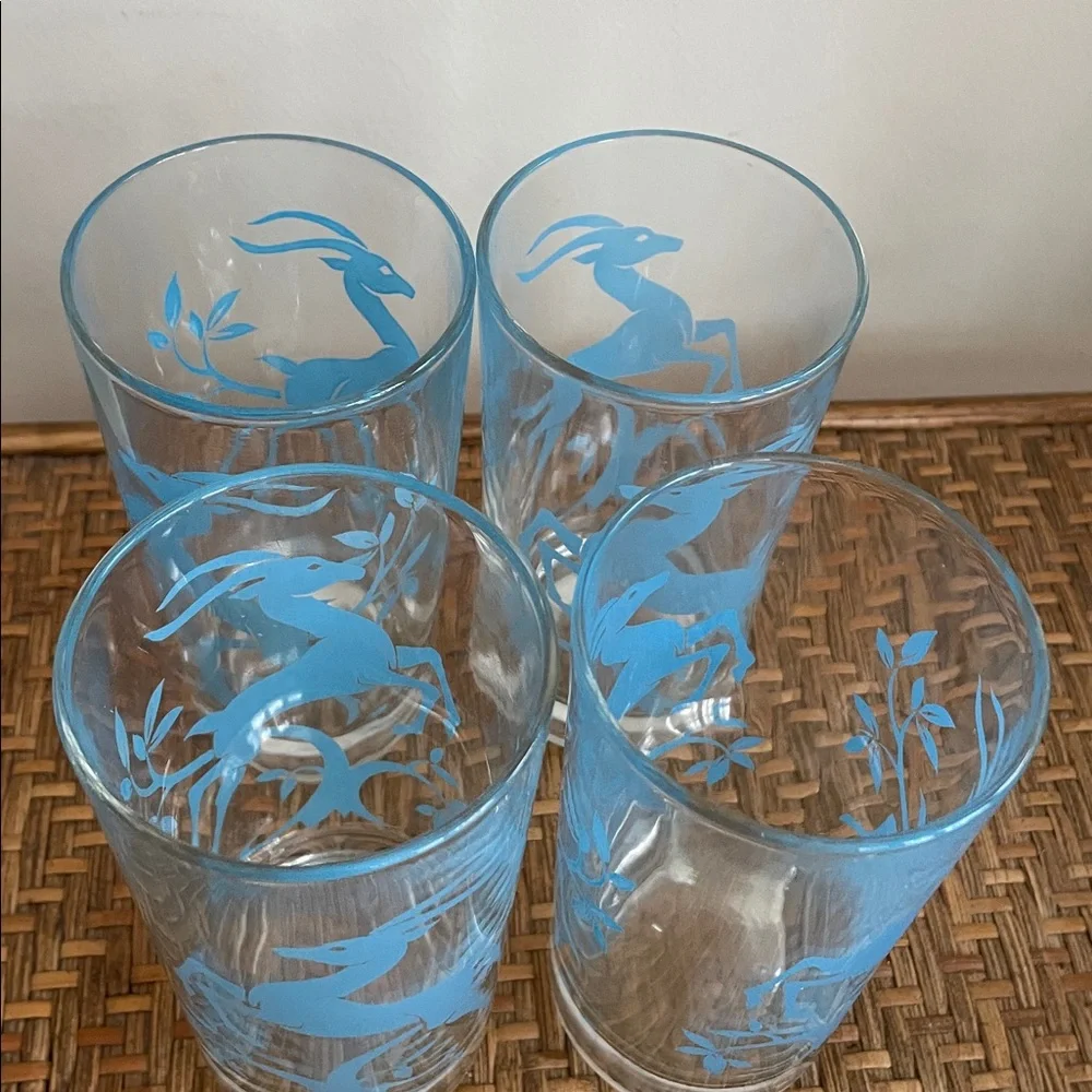 Set of Four Federal MCM Mid Century Leaping Gazelle 5” Blue Glasses-Barware